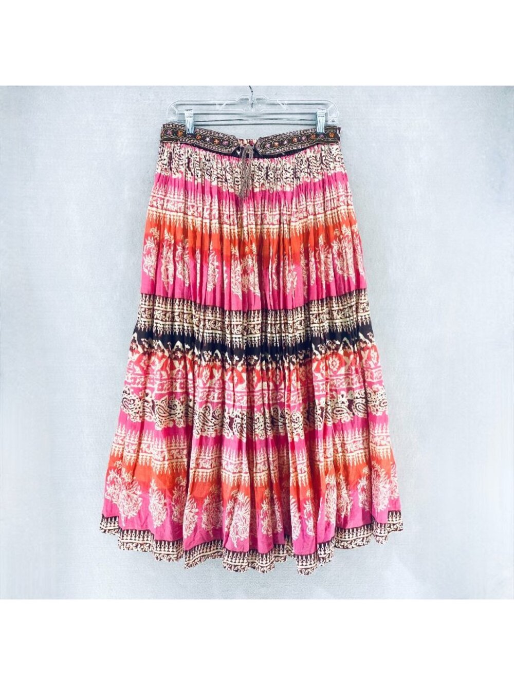 Vintage Cottagecore Maxi Skirt Womens S Cotton Floral Beaded Waist Boho Festival